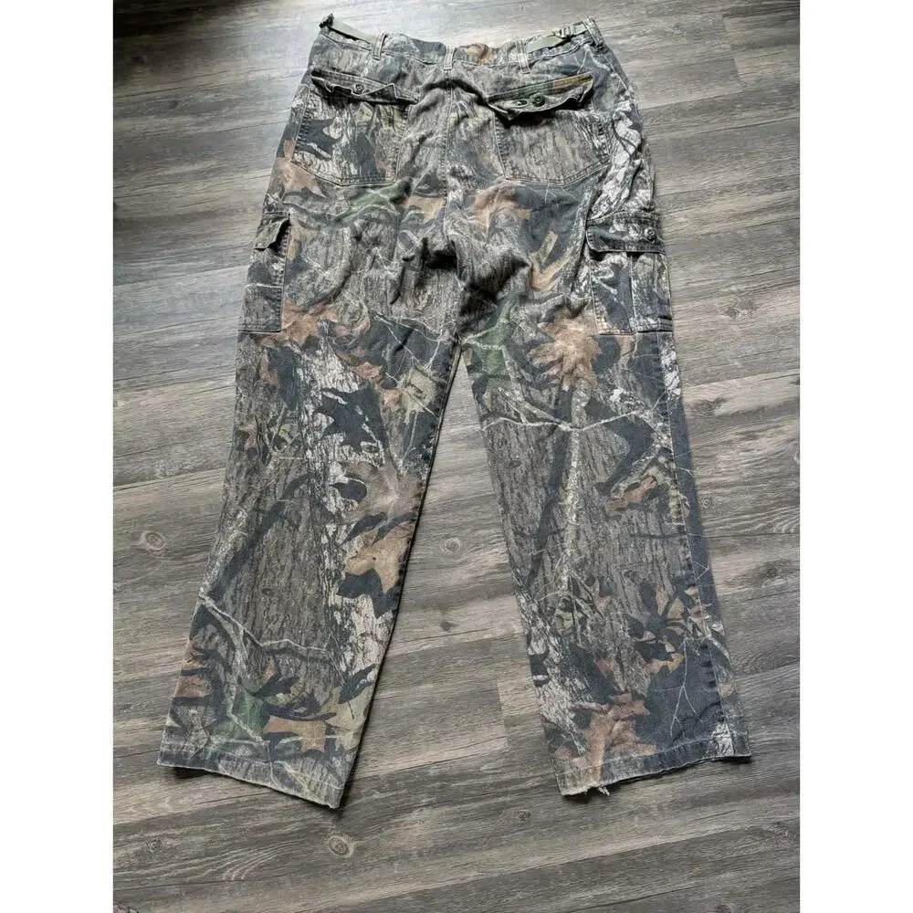 Vintage Mossy Oak Camo Cargo Pants Mens L (36-38) Adjustable Waist Hunting